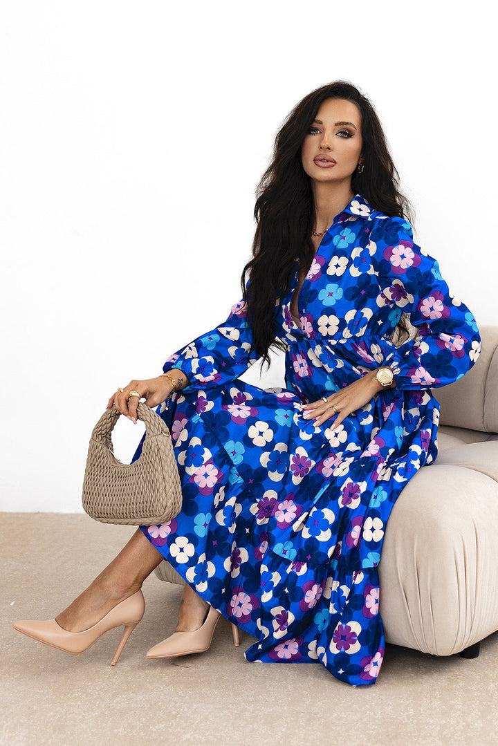 Floral Peasant Sleeve Tiered Ruffle Midi Dress