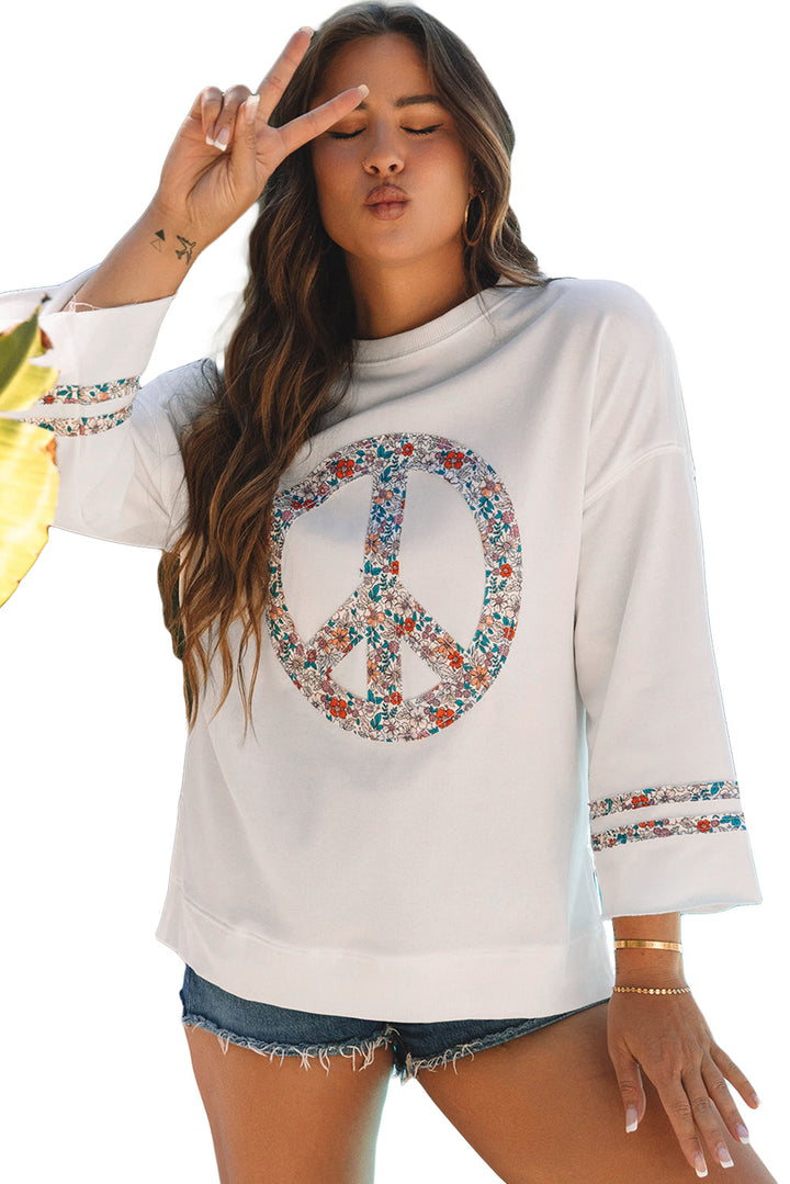 Floral Peace Sign Graphic Drop Shoulder Wide Sleeve Casual Top