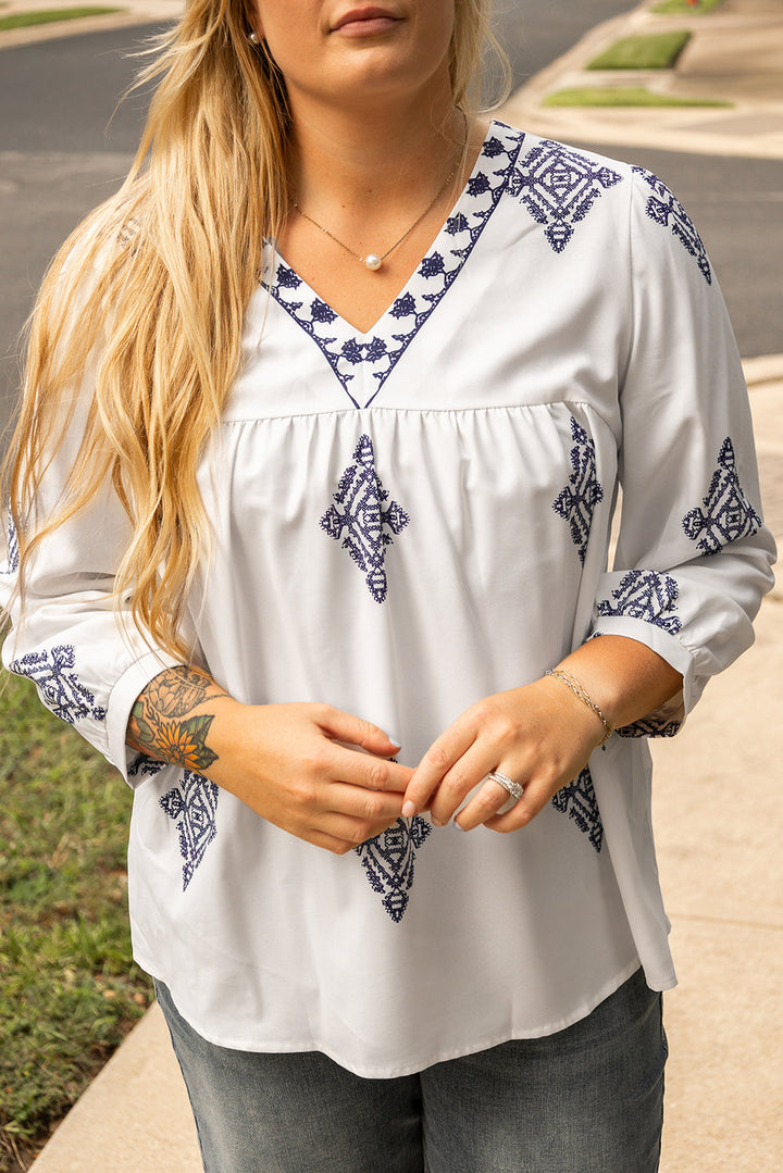 Boho Geometric Print V Neck Bracelet Sleeve Plus Size Blouse