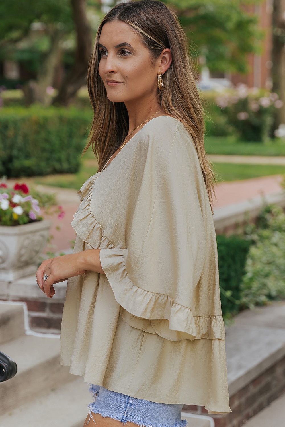 V Neck Draped Batwing Sleeve Ruffle Blouse