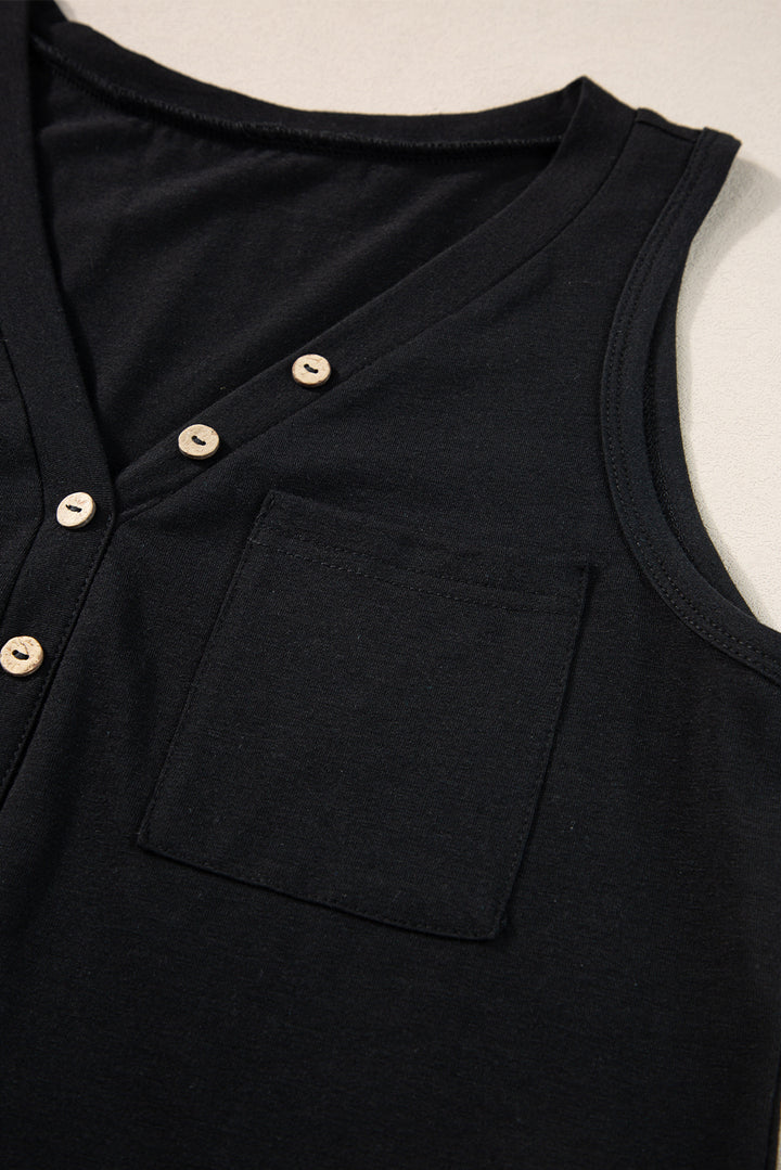 Half Button V Neck Patched Pocket Tank Top