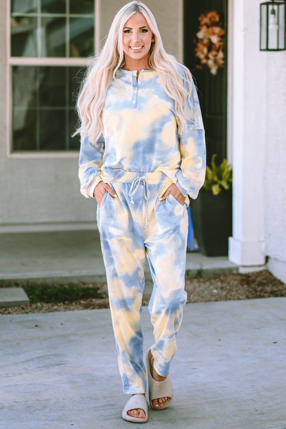 Tie Dye Henley Top and Drawstring Pants Outfit