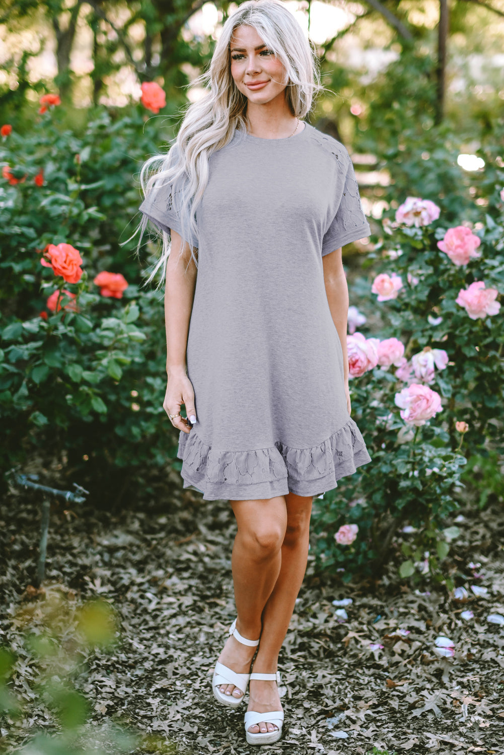 Lace Floral Patchwork Ruffled T-shirt Dress