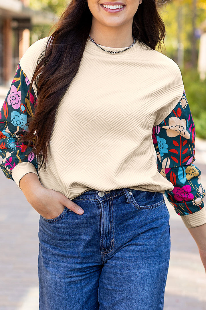 Contrast Floral Sleeve Textured Drop Shoulder Knit Top