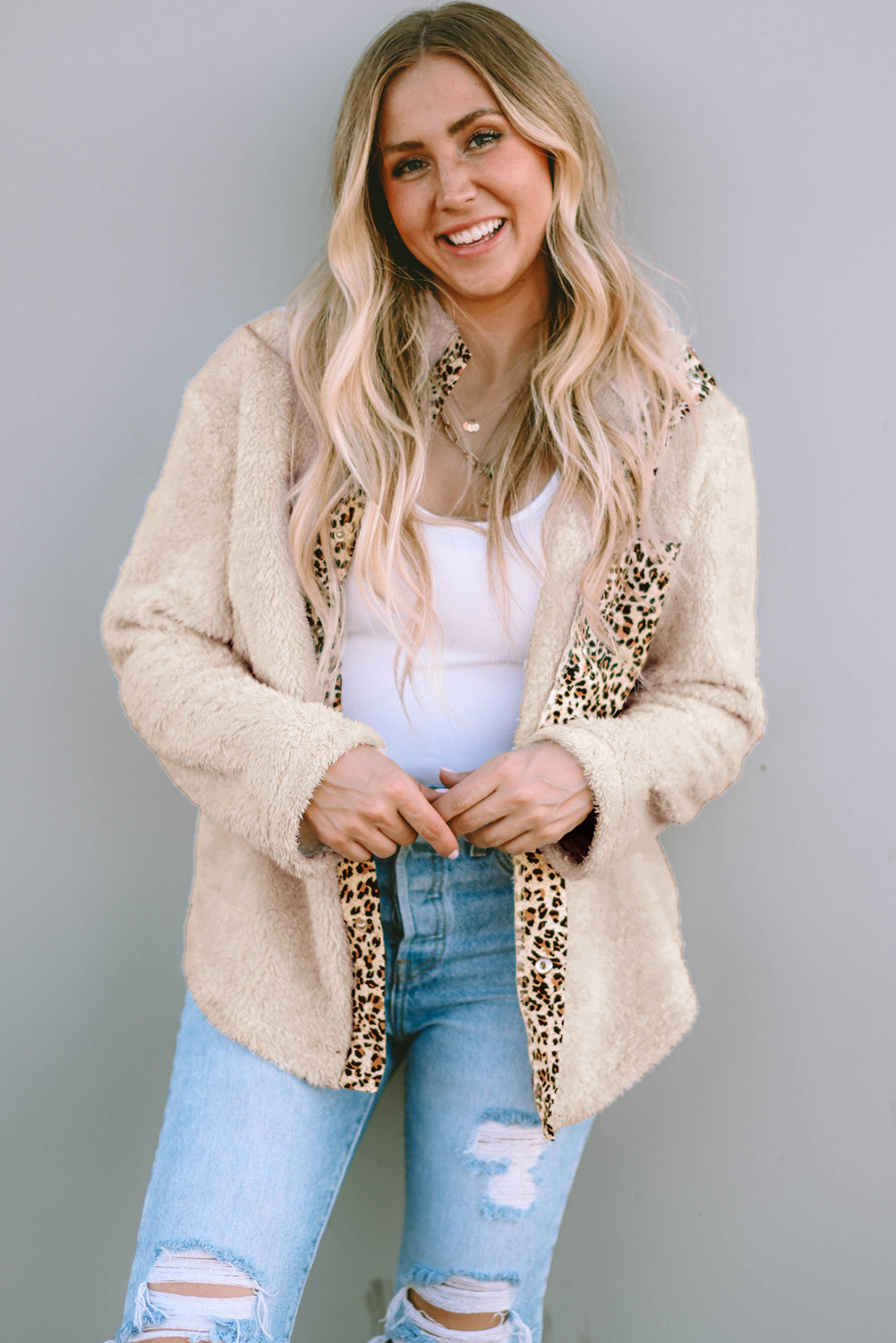 Leopard Patched Zipped Pocket Fleece Jacket