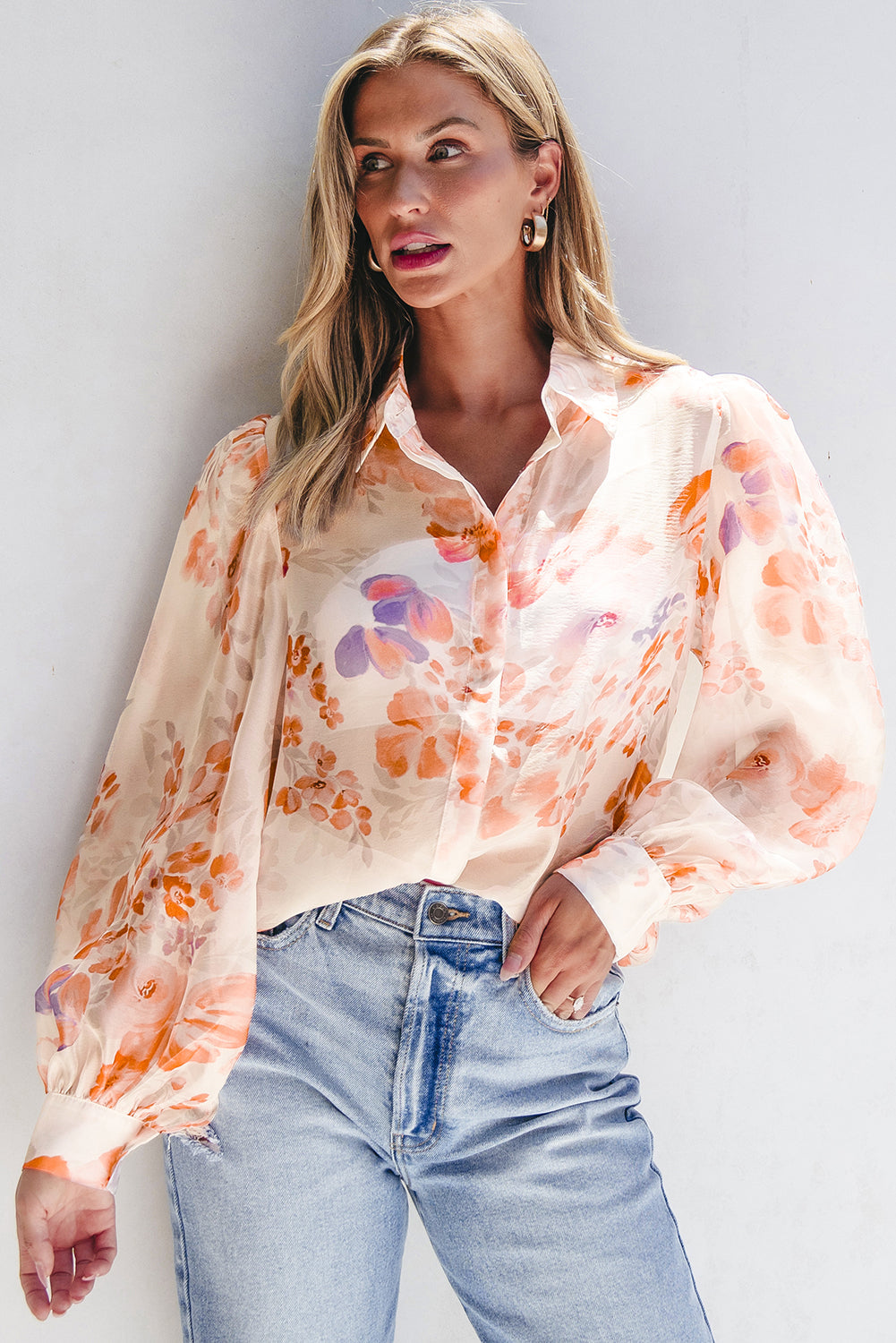 Floral Print Collared Balloon Sleeve Loose Shirt