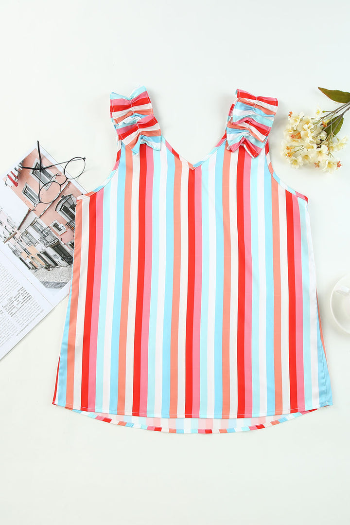 Striped V Neck Ruffle Straps Tank Top