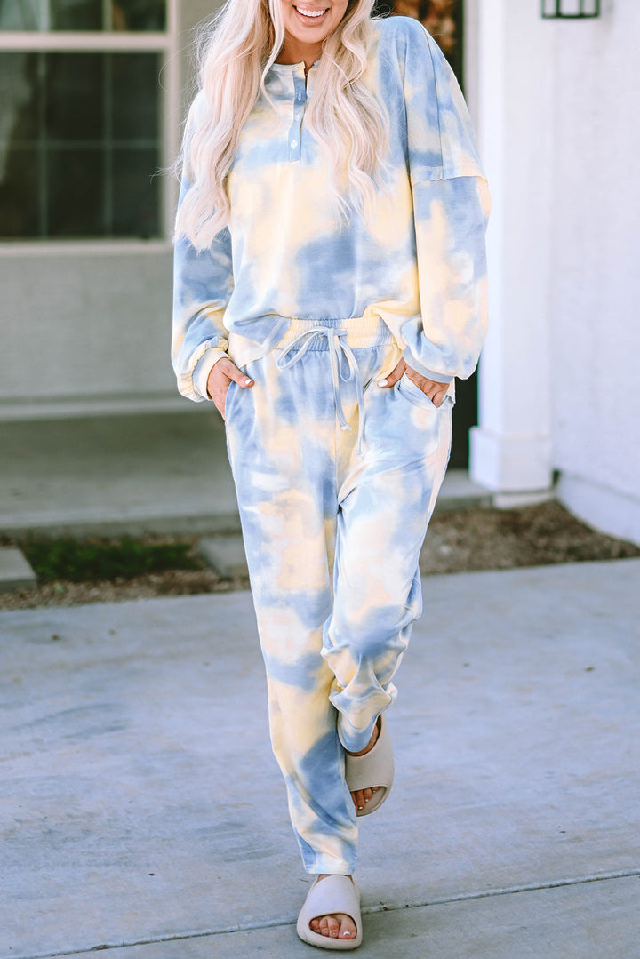 Tie Dye Henley Top and Drawstring Pants Outfit