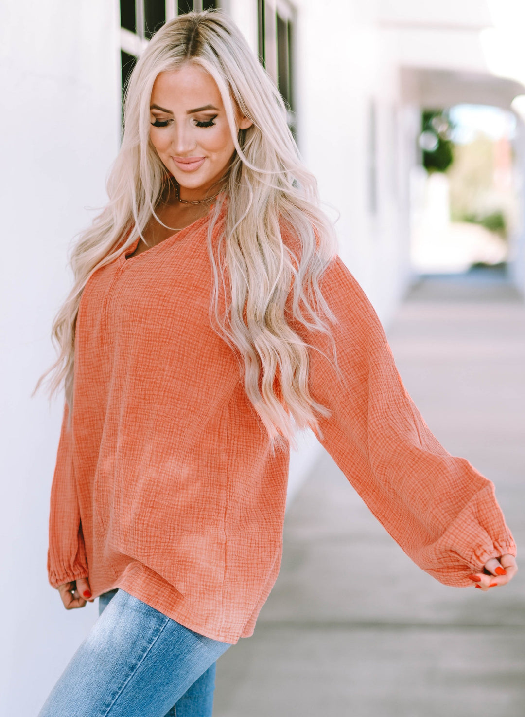 Crinkle Textured Frill Split Neck Puff Sleeve Blouse