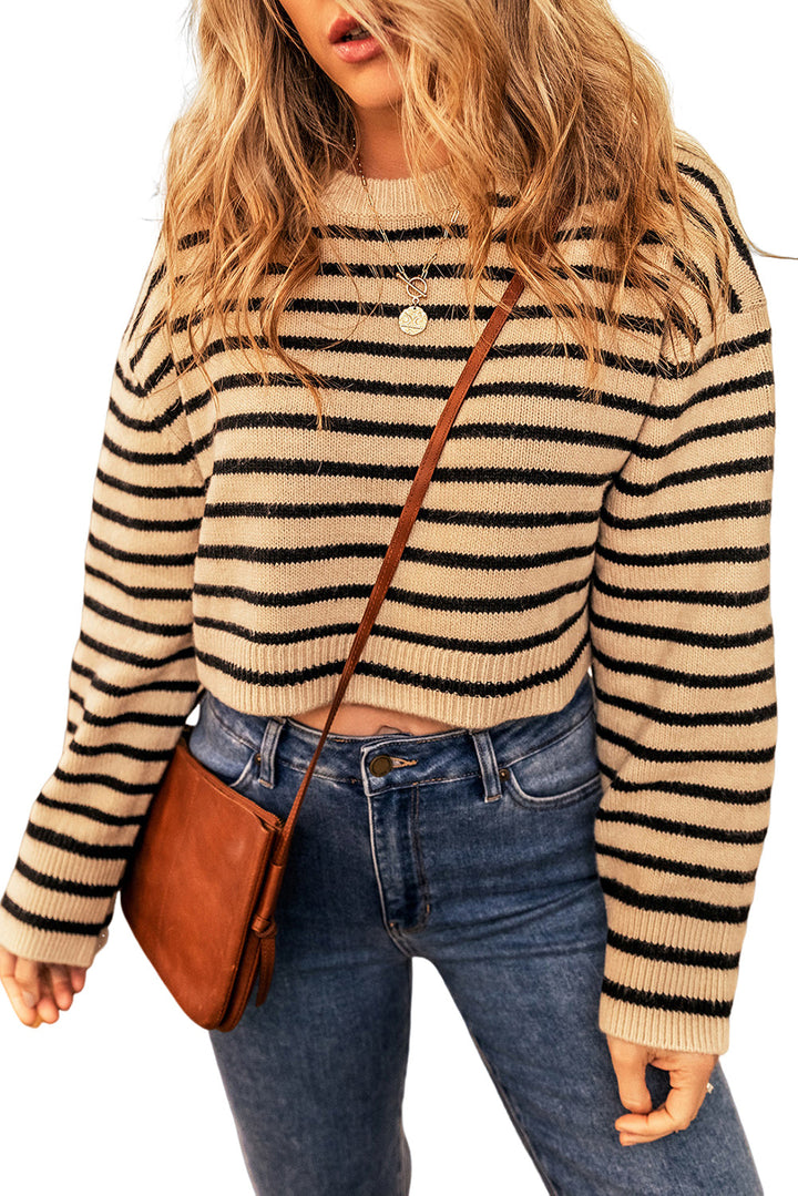 Striped Knit Drop Shoulder Crewneck Cropped Sweater