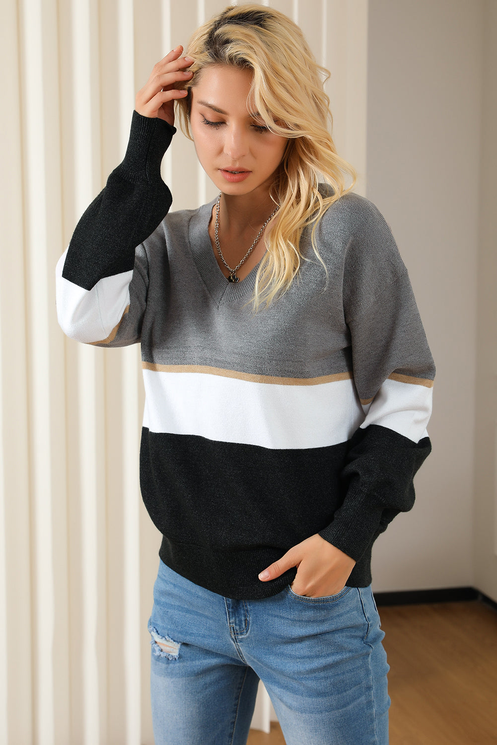 Colorblock V Neck Sweater