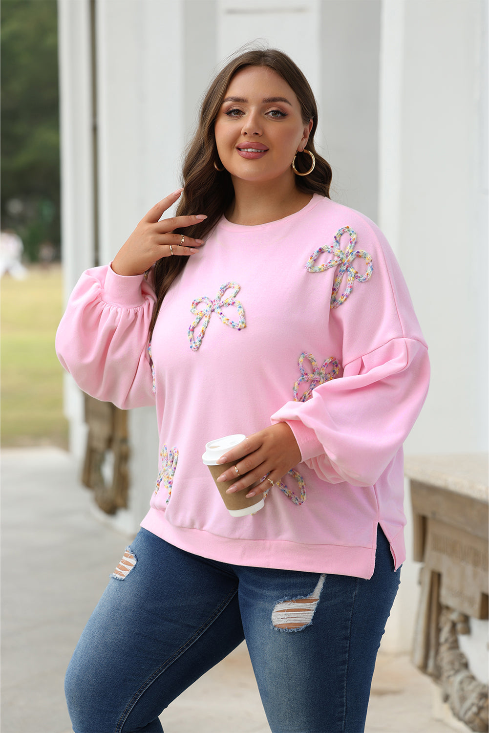 Embroidered Bow Lantern Sleeve Oversized Pullover Sweatshirt