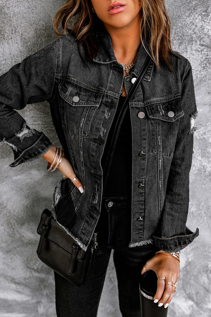 Jeansjacke mit Revers, Distressed-Optik und unverarbeitetem Saum