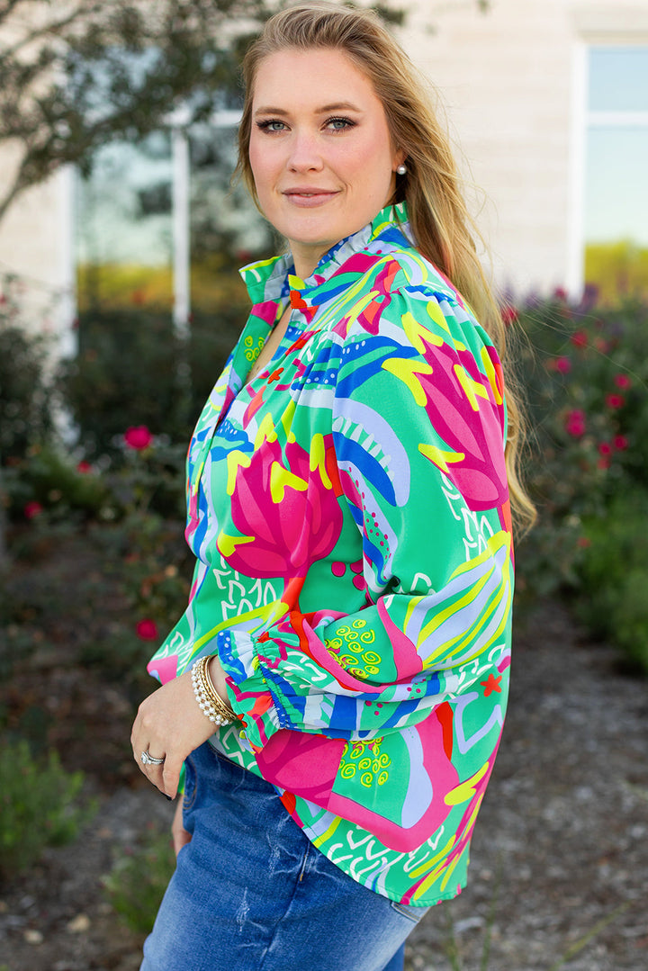 Abstract Printed Flounce Sleeve V Neck Buttoned Plus Size Blouse