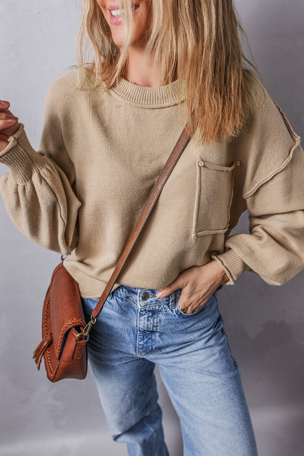 Raw Edge Patch Pocket Exposed Seam Loose Sweater