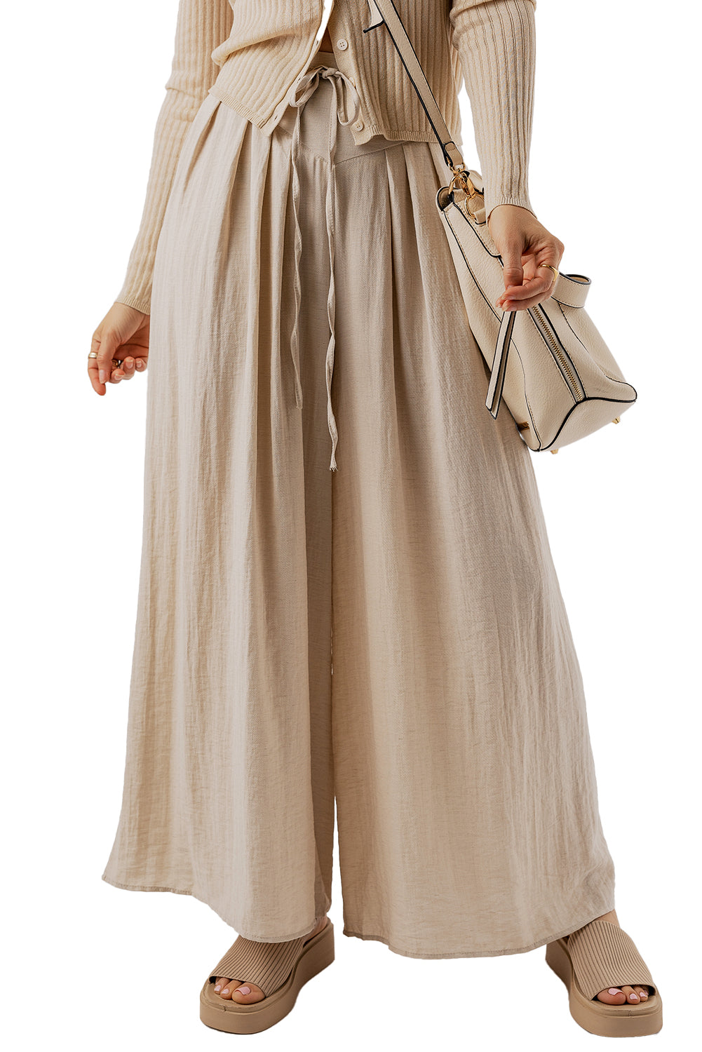 Drawstring Waist Pleated Wide Leg Casual Pants