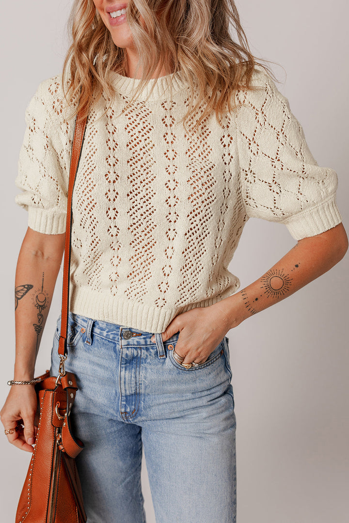 Hollowed Pattern Knit Short Puff Sleeve Sweater