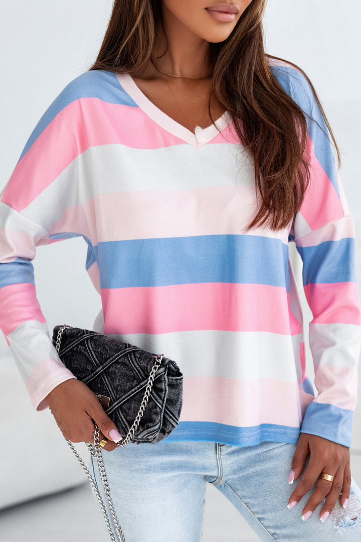 Contrast Striped V Neck Long Sleeve Top