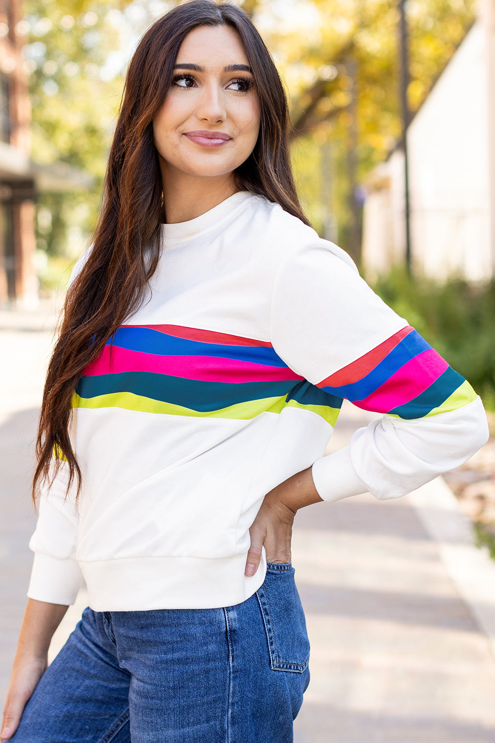 Colorful Striped Accent Long Sleeve T Shirt