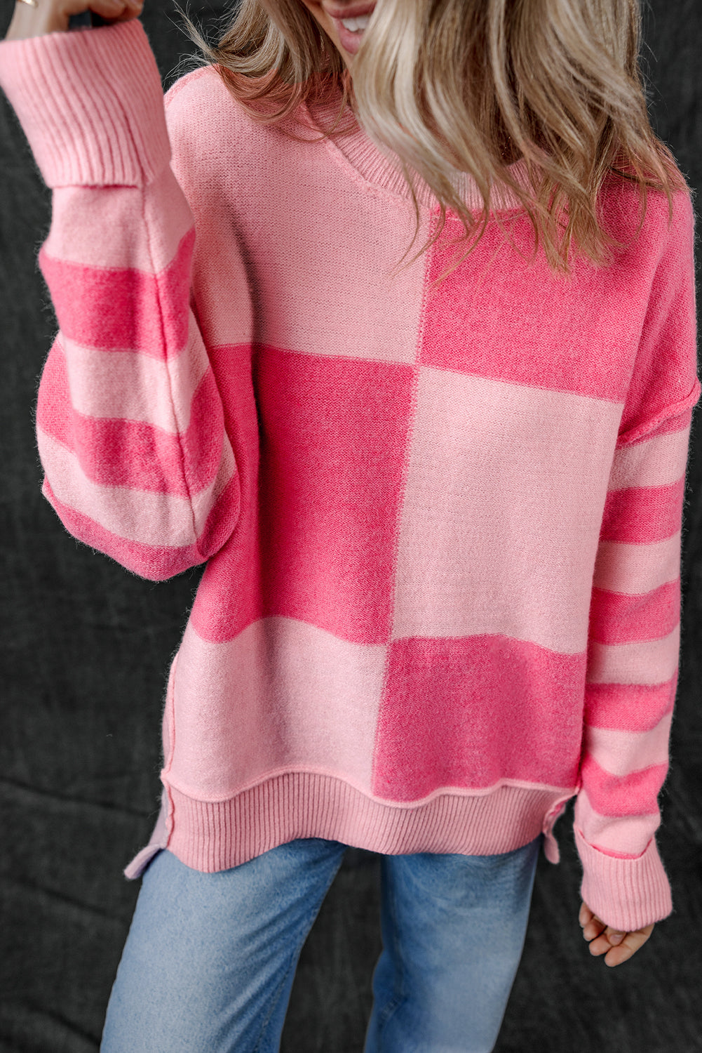 Checkered Colorblock Striped High Low Loose Sweater