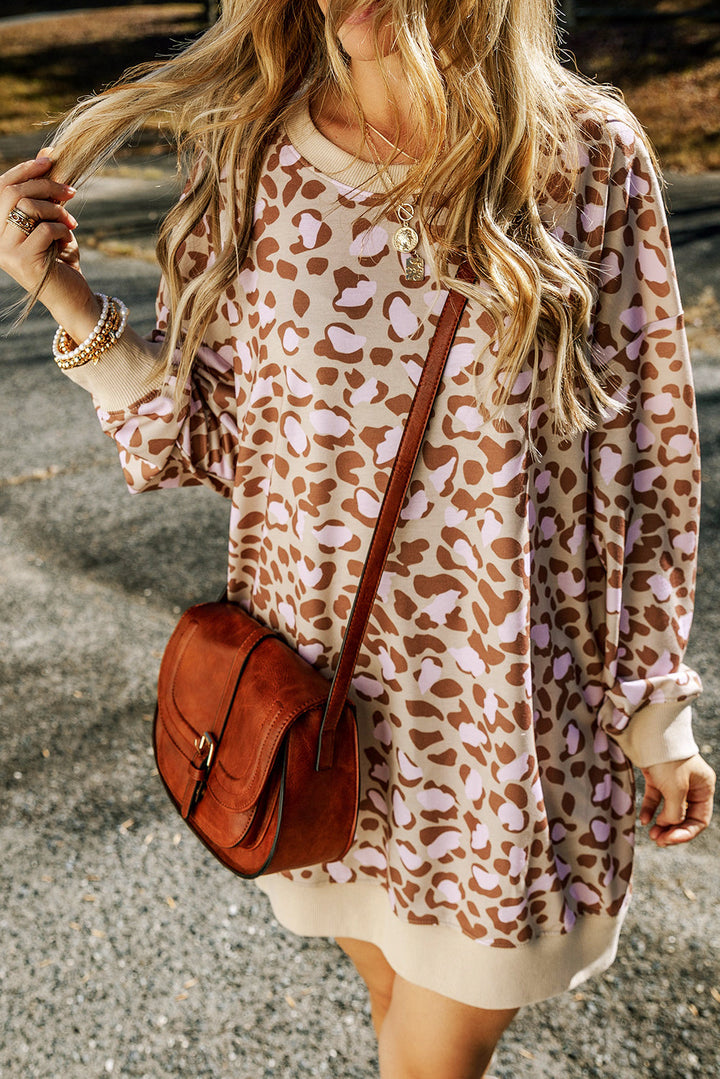 Leopard Print Side Pockets Long Sleeve Mini Dress