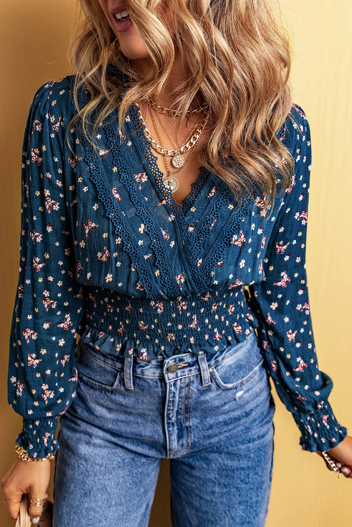 Lace Trim V Neck Floral Smocked Long Sleeve Blouse