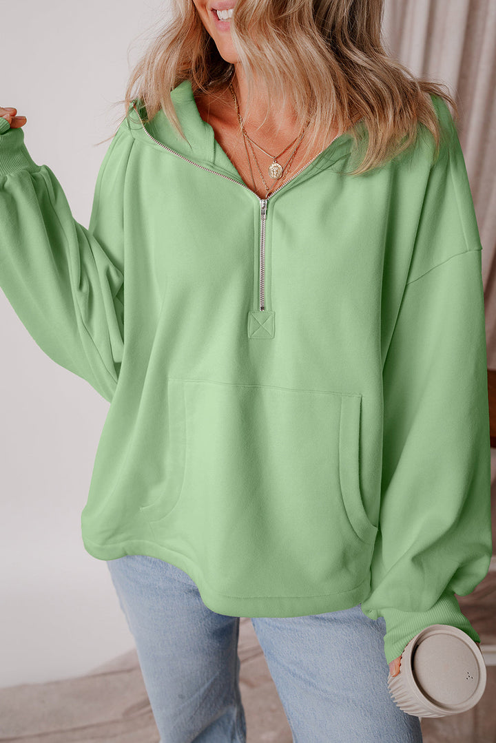 Fleece Lined Half Zipper Kangaroo Pockets Loose Hoodie