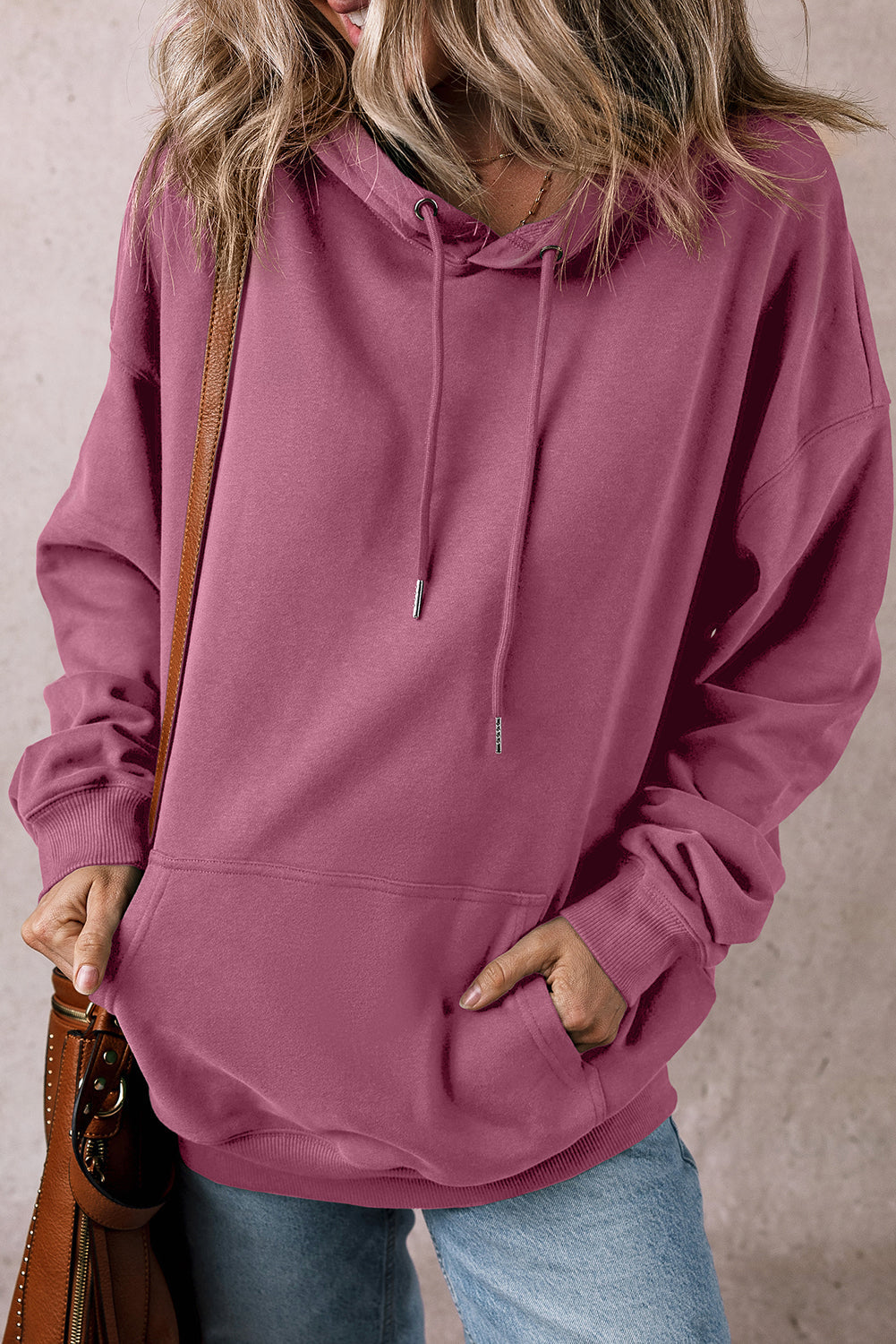 Solid Kangaroo Pocket Drawstring Loose Fit Hoodie