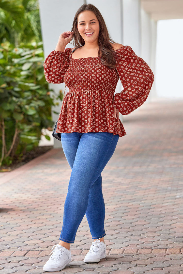 Plus Size Square Neck Printed Peplum Top