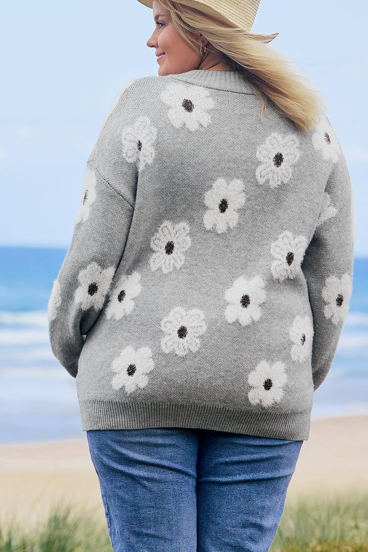 Plus Size Embroidered Floral Pattern Half Zip Sweater