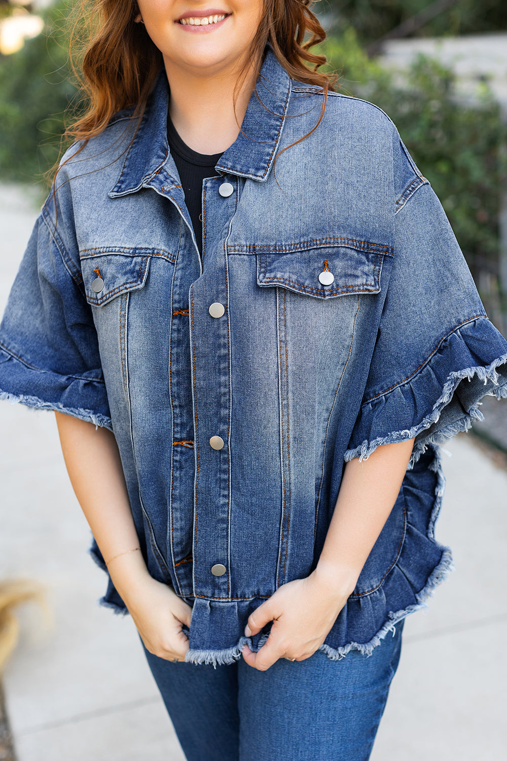 Ruffled Frayed Short Sleeve Plus Size Denim Jacket