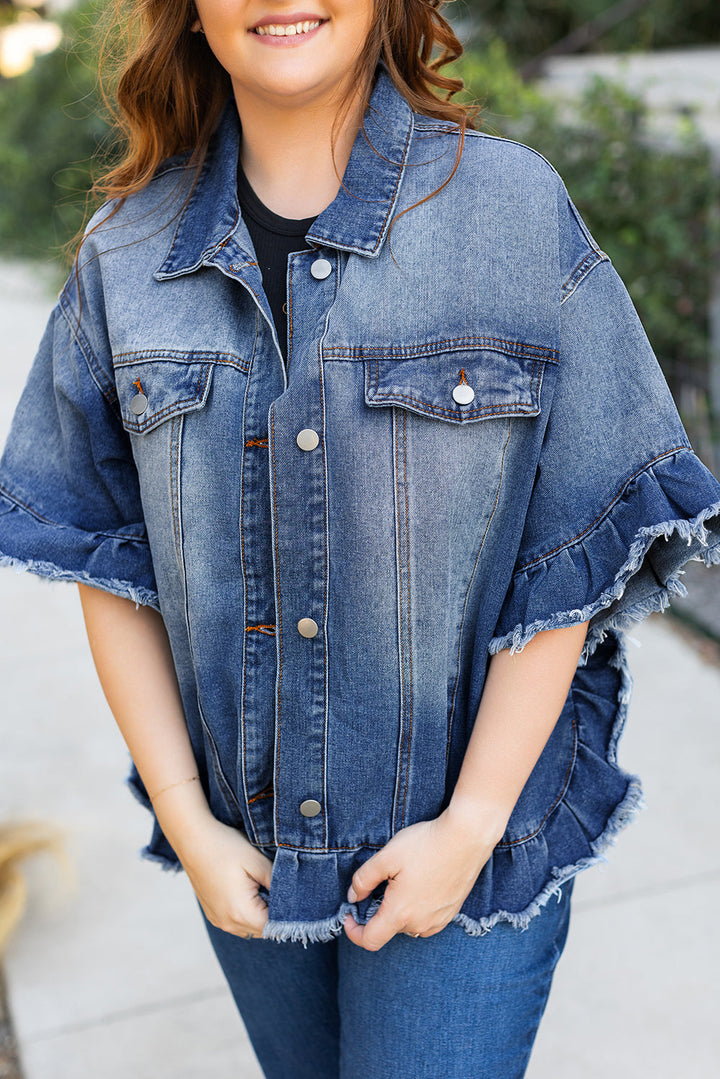 Ruffled Frayed Short Sleeve Plus Size Denim Jacket