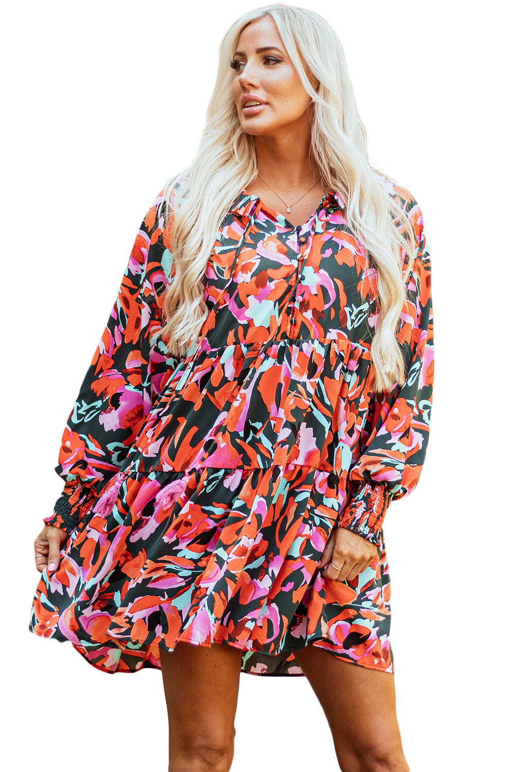 Floral Smocked Bishop Sleeve Tassel Mini Dress