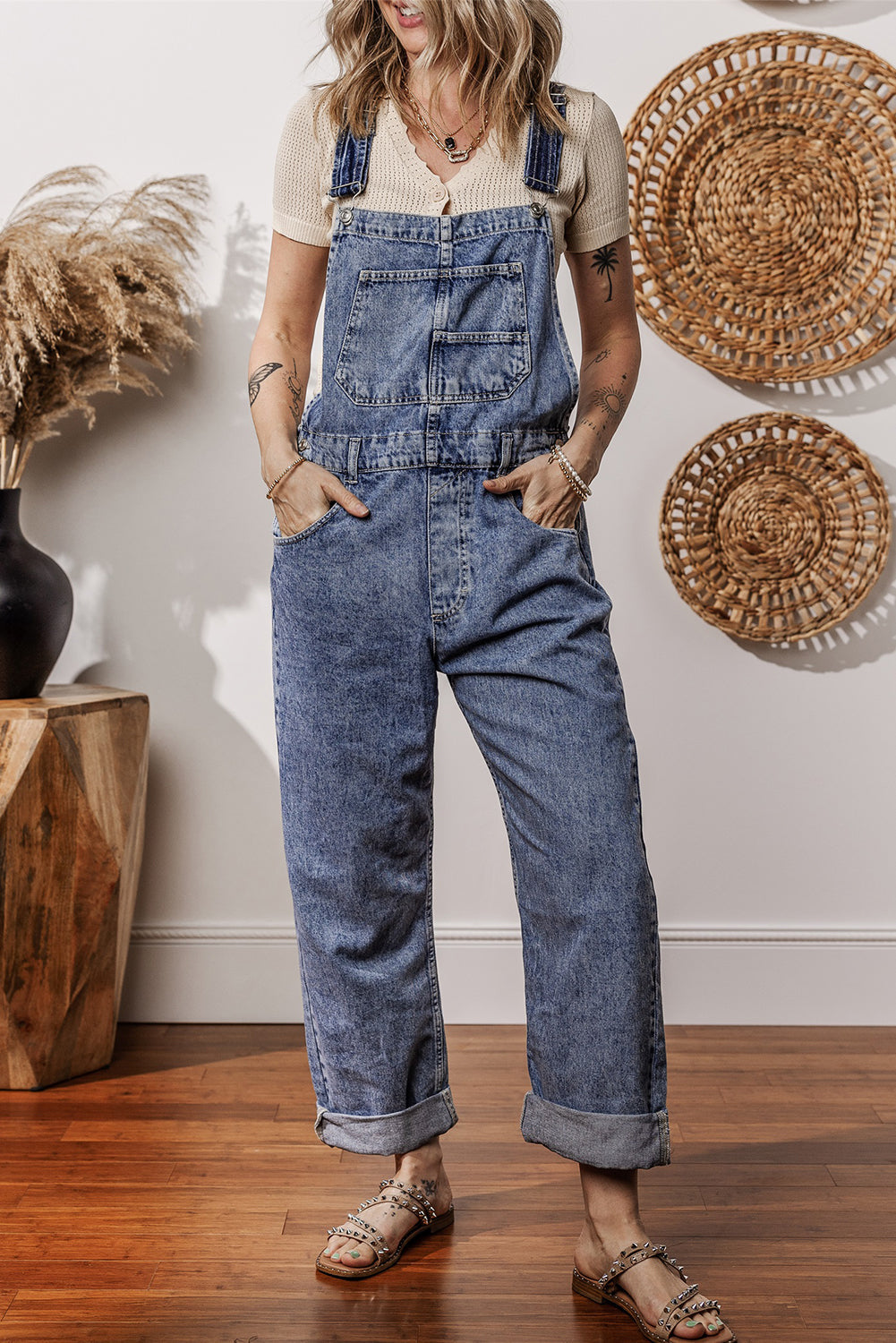 Denim Bib Straight Leg Jumpsuit with Pockets