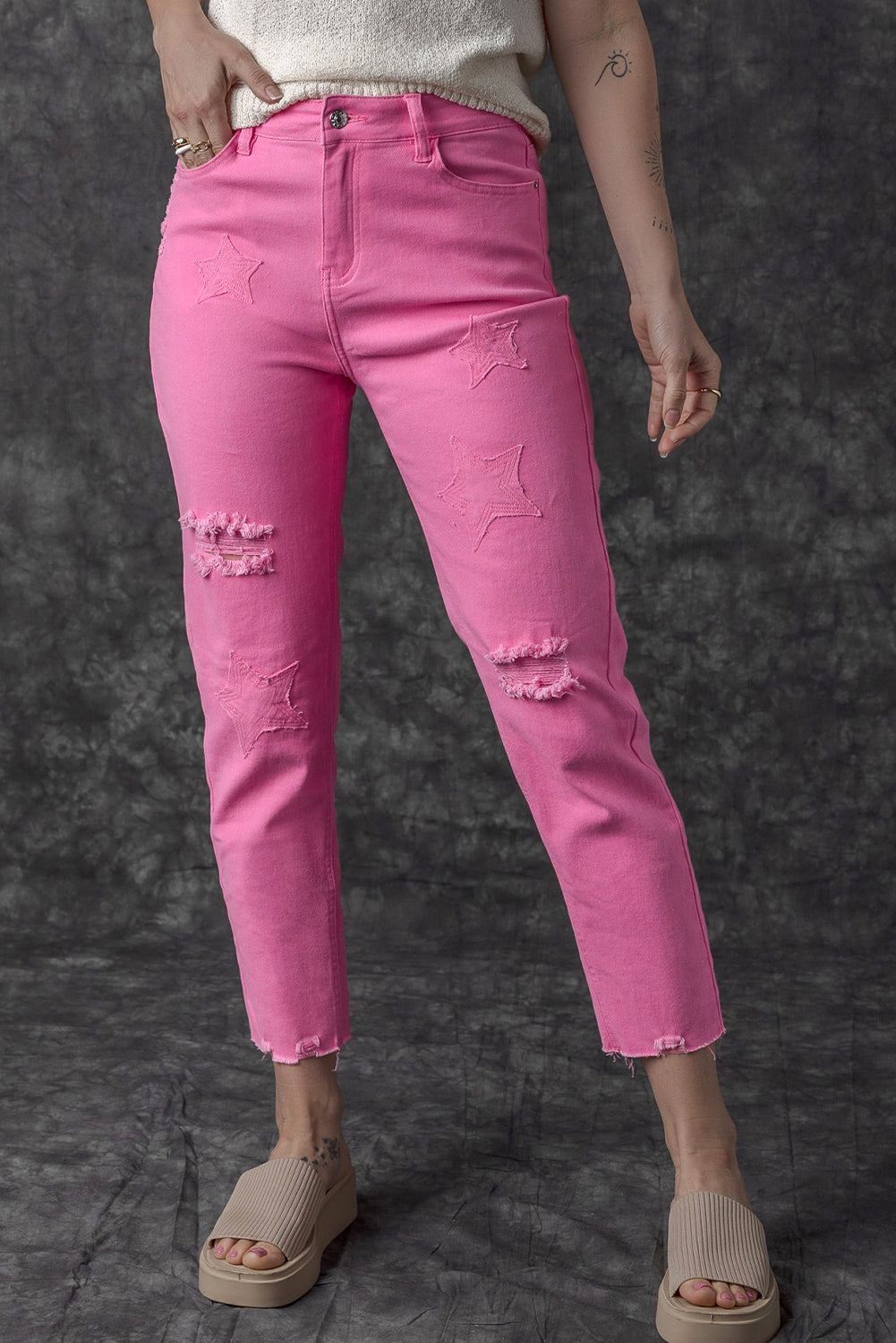 Pink Star Shape Patchwork Mid Waist Straight Leg Jeans