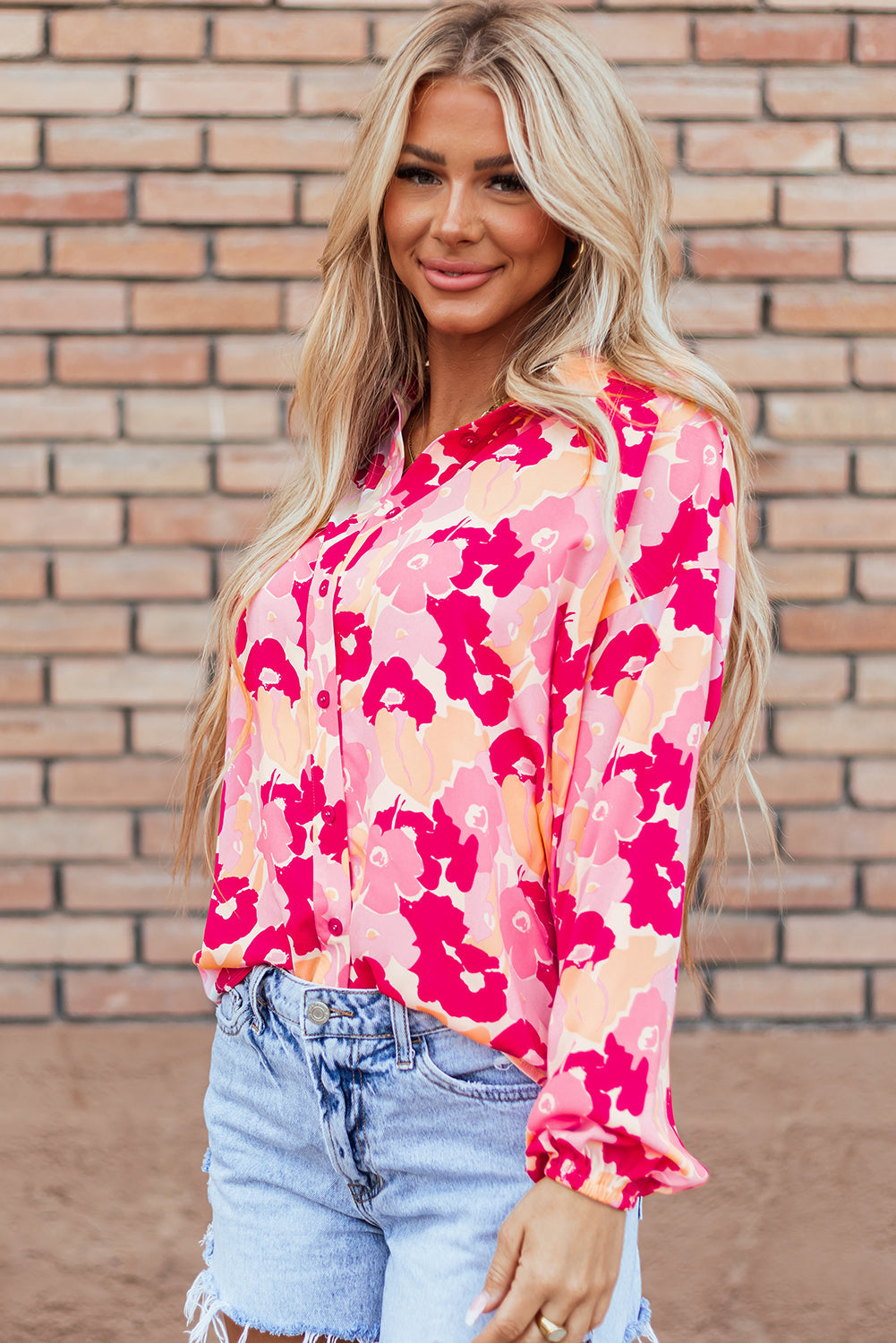 Blooming Floral Print Puff Sleeve Buttoned Shirt