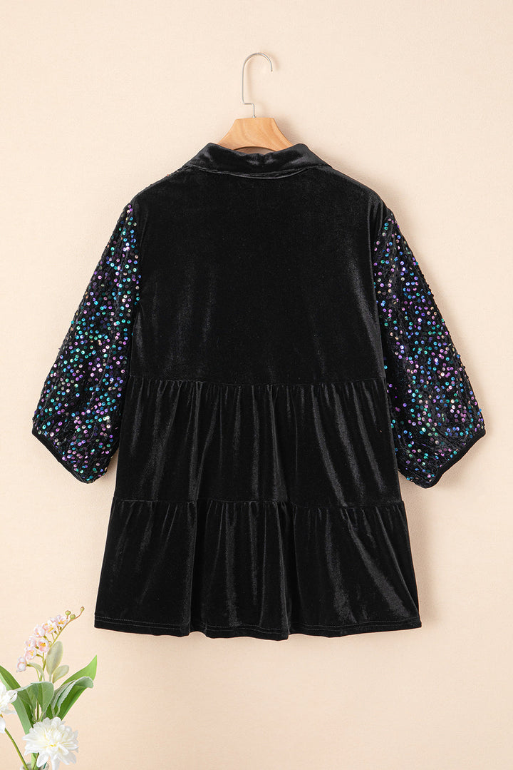 Sequin Puff Sleeve Buttoned Velvet Peplum Shirt