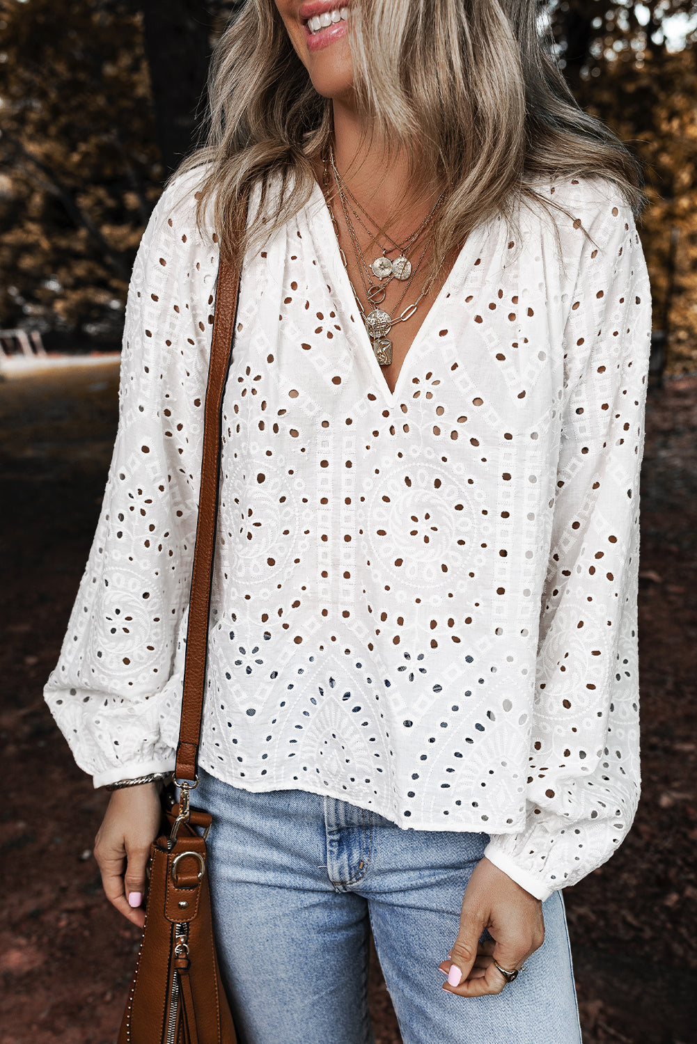 Eyelet Embroidered Puff Sleeve V Neck Blouse