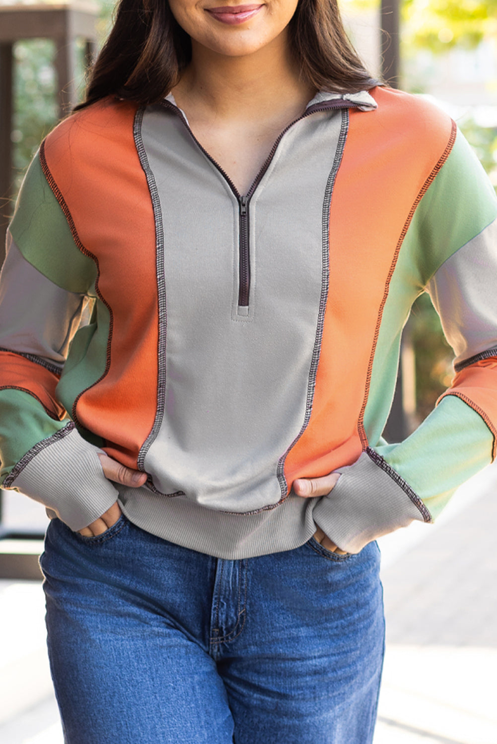 Color Block Stitching Detail Half Zipper Sweatshirt