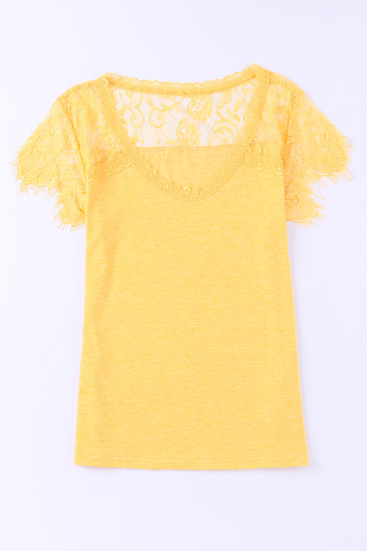 Yellow Lace Crochet Short Sleeve U Neck T Shirt