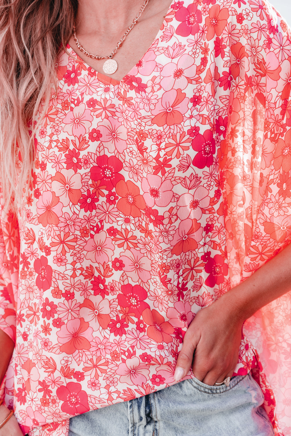 Boho Floral V Neck Kimono Style Blouse