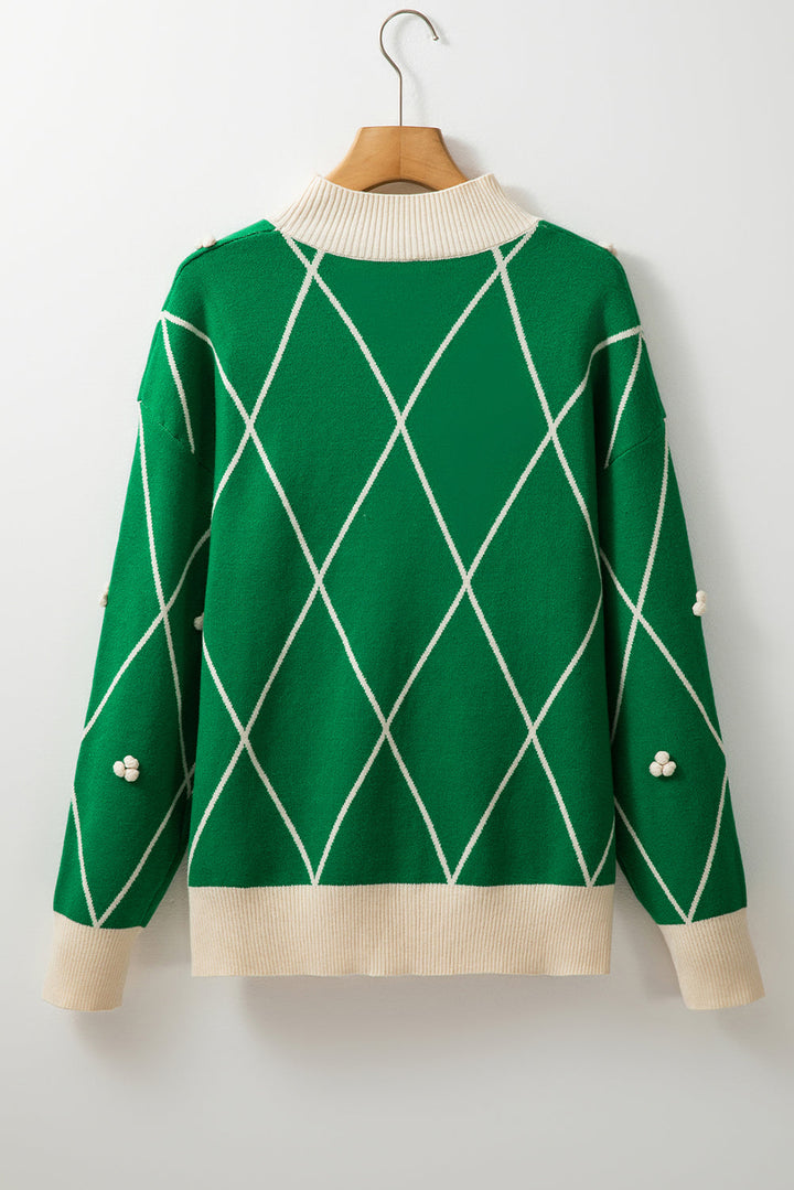 Diamond Pattern Pom Accents Contrast Trim High Neck Sweater