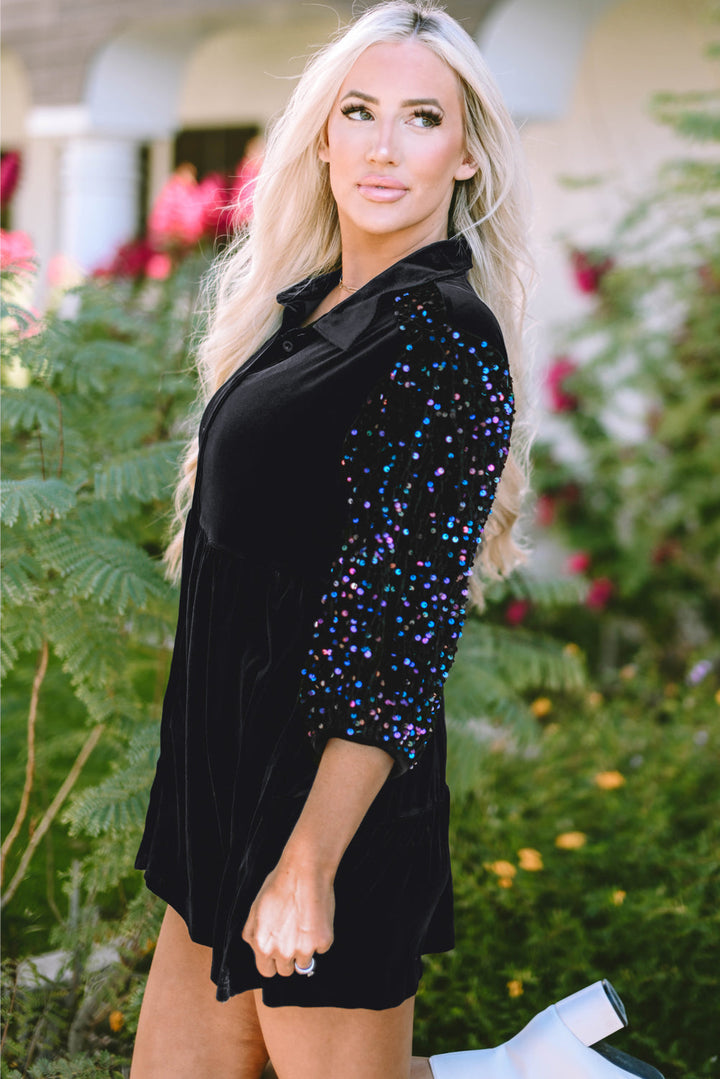 Sequin Puff Sleeve Buttoned Velvet Peplum Shirt