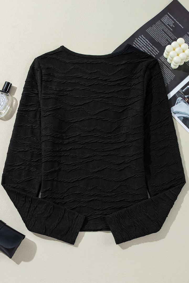 Solid Wavy Textured Slim Fit Long Sleeve T Shirt