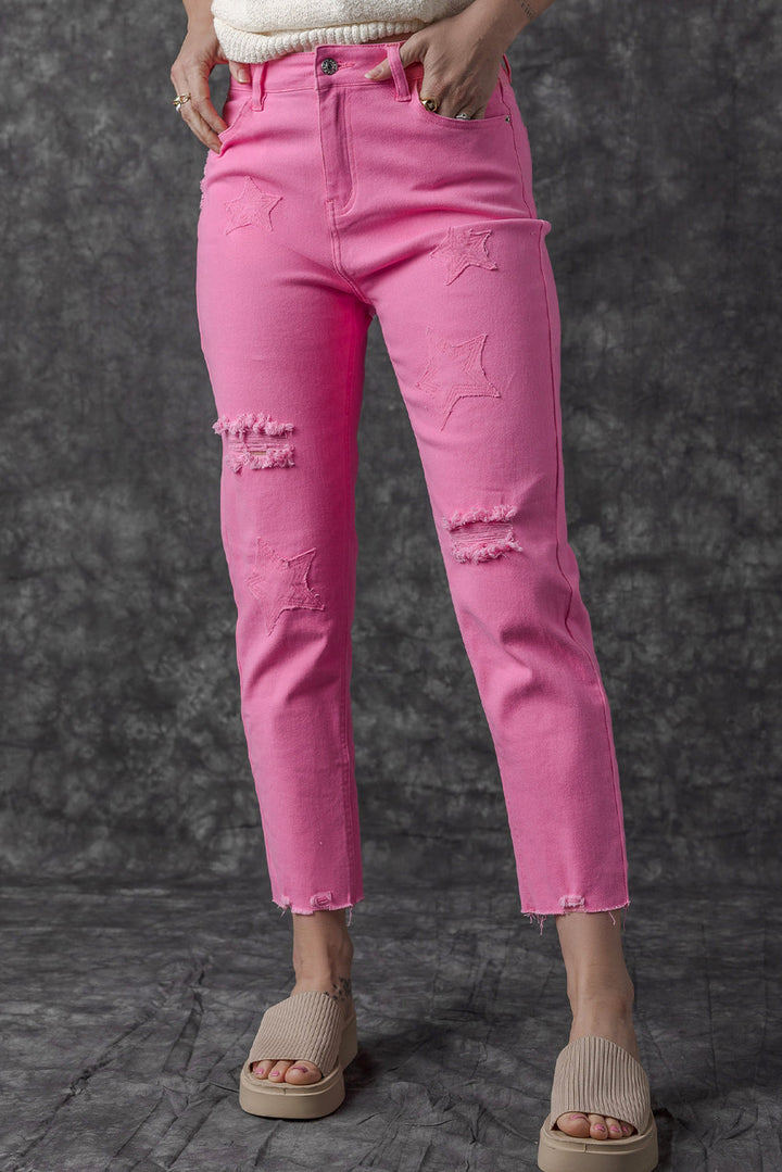 Pink Star Shape Patchwork Mid Waist Straight Leg Jeans