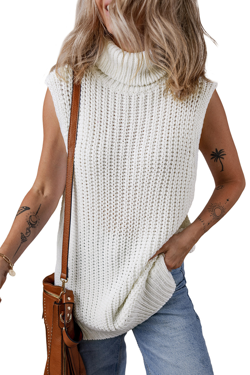 Turtleneck Knitted Slit Hem Sweater Vest