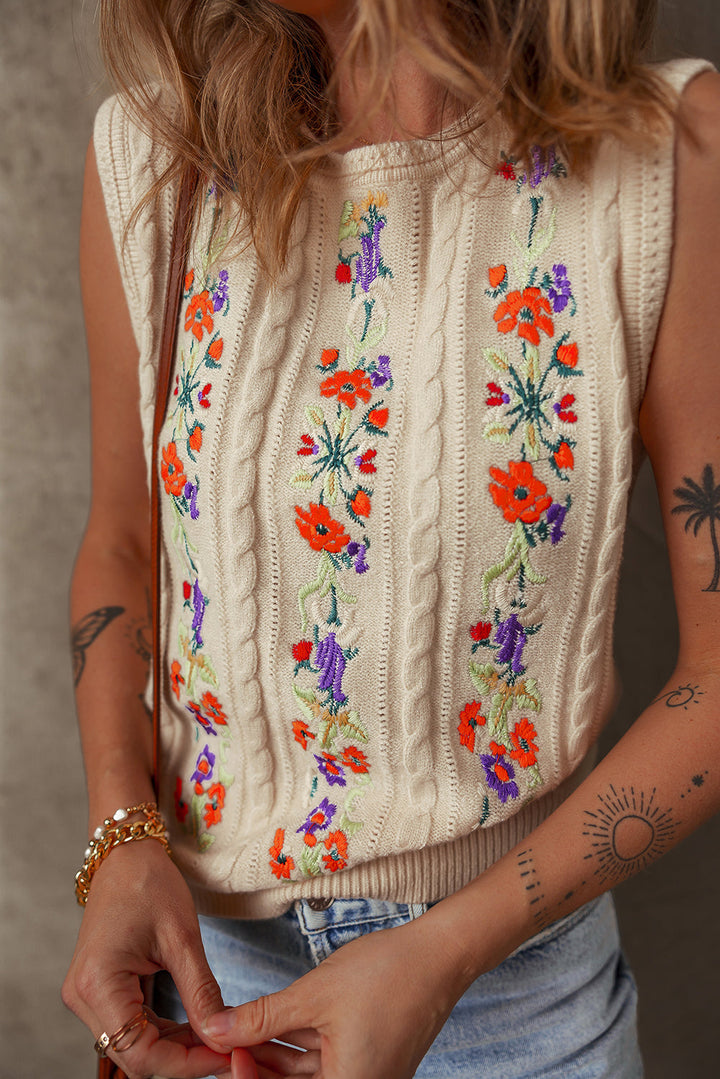 Embroidered Floral Cable Knit Sweater Vest