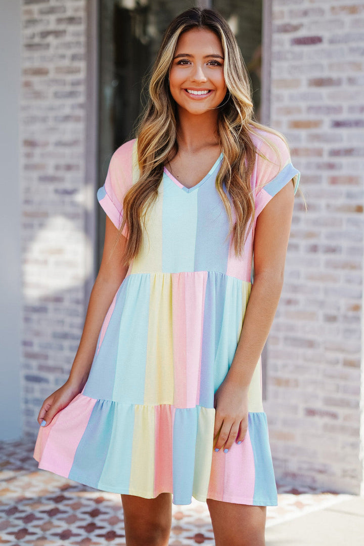 Striped Color Block Tiered Mini Dress