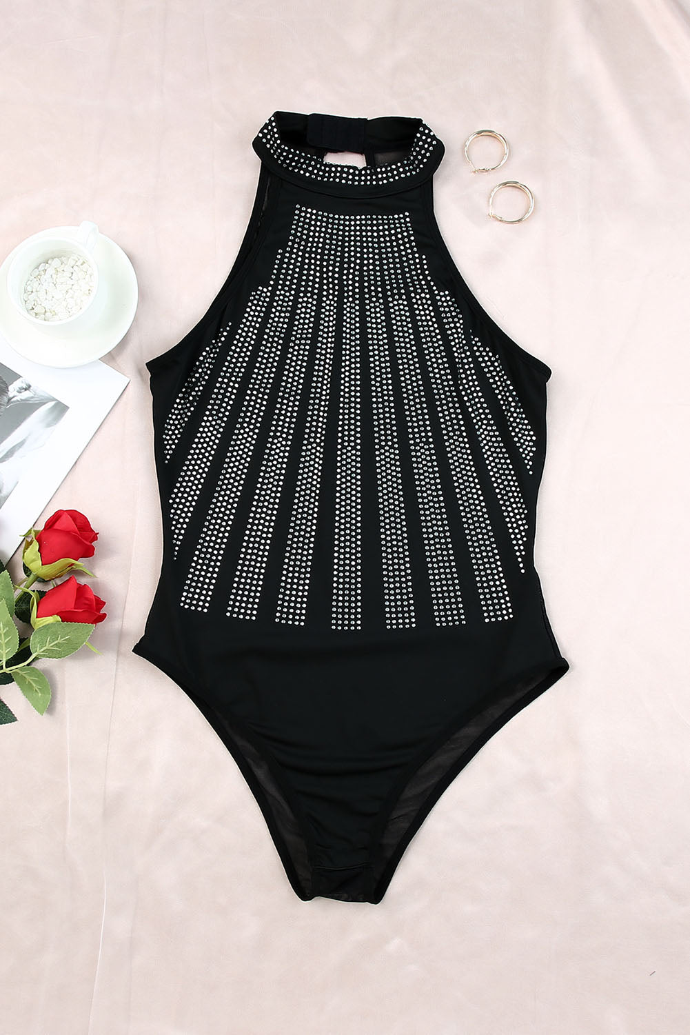 High Neck Sleeveless Diamante Bodysuit