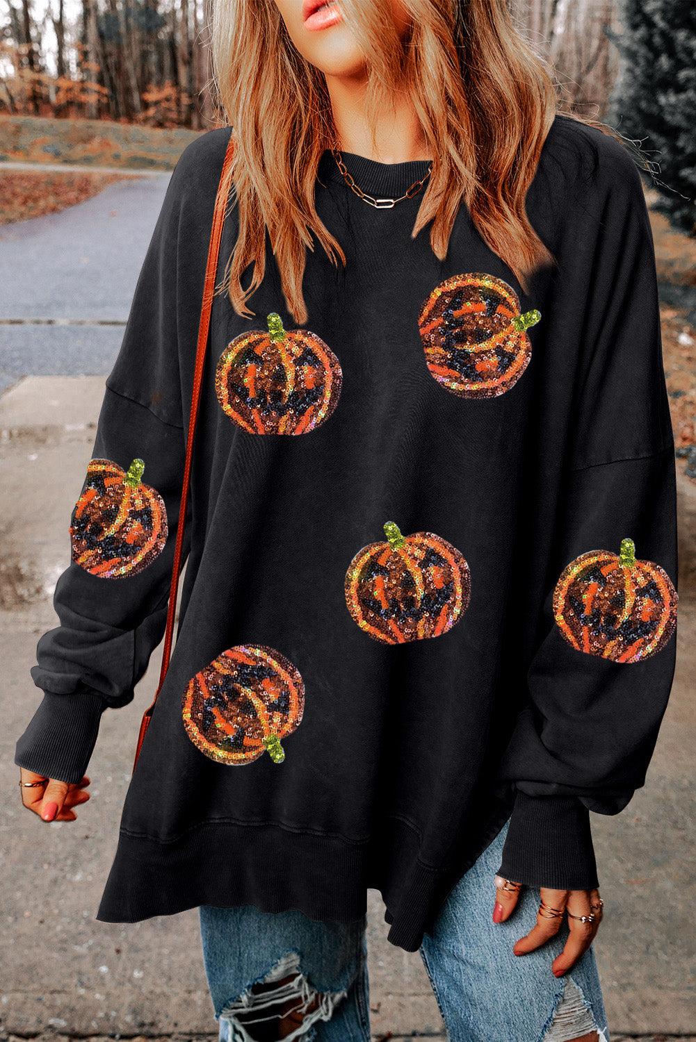 Sequined Jack O Lantern Split Hem Baggy Sweatshirt